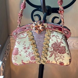 Mary Frances gold/burgundy purse with beaded strap and quilted detail